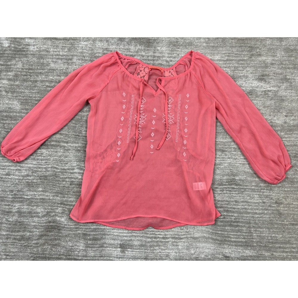 Spoiled Womens Top Medium Pink Boho Peasant Lace‎ Sheer 3/4 Sleeve Tie